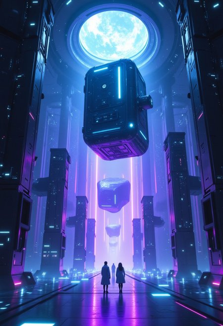 Huge cubes floating in the air, metallic and mechanical cubes, neon light colors mainly blue and purple, and eight more huge monoliths in the background. A floor of mirrors with embedded lights. Scientists in small white coats in front of the cubes. Backlighting, cyberpunk atmosphere, vast laboratory,
aidmafluxpro1.1