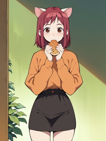 score_9, score_8_up, score_7_up, score_6_up, score_5_up,  <lora:FLCLXLP:1> flcl, brown eyes, red hair, 1girl,  cat ears, eating, skirt, curvy