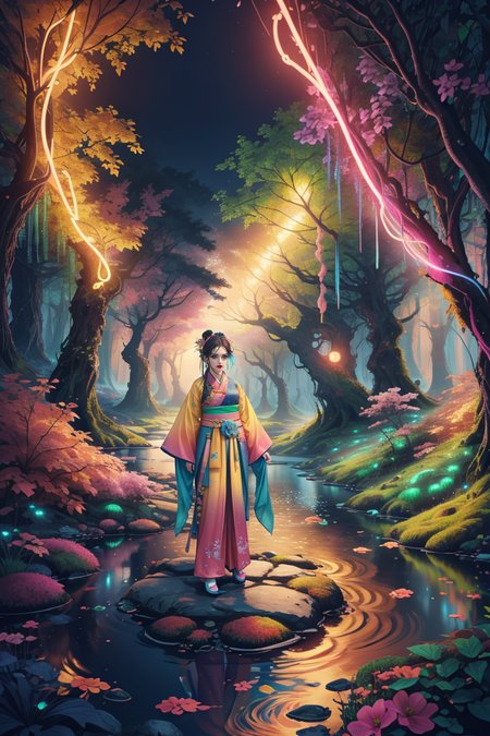 (centered) full body shot, (solo:1.1) woman in fantasy (forest:1.1) wearing (colorful HANFU COSTUME:1.1) (with pants) standing on a moss covered rock in stream  <lora:SD15_Nature_and_Technology:0.36>  <lora:Fluorescent_Lava_Cave:0.25>, subsurface scattering, ultra hd, 4k, high def, Photorealistic, Hyperrealistic, Hyper detailed, analog style, realistic, masterpiece, best quality, ultra realistic, 8k, Intricate, High Detail, film photography, soft lighting, heavy shadow, Color gradient of neon pink, neon blue, neon yellow, neon green