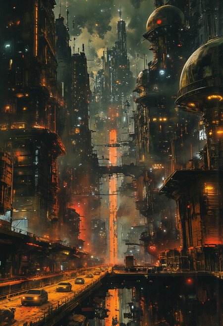nttw style, mythp0rt, sci-fi futuristic superhighway running through an urban eastern sci-fi metropolis, towers, domes, skyscrapers, night-time, neon lights and signs, bokeh
