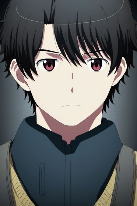high resolution, solo, best quality, 1Boy, Portrait, Inaho Kaizuka, Black Hair, portrait, looking at viewer, focused gaze forward, upper body, head upright, guilt,