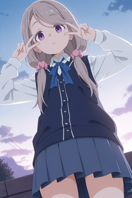 masterpiece, best quality, amazing quality, 

monosakurako-default, purple eyes, grey hair, low twintails, pink scrunchie, school uniform, blue ribbon, white shirt, long sleeves, blue vest, pleated skirt, (black socks, loafers:0), 

1girl, cowboy shot, from below, dutch angle, standing, outdoors, sky, looking at viewer, expressionless, parted lips, hands up, v, v over eye