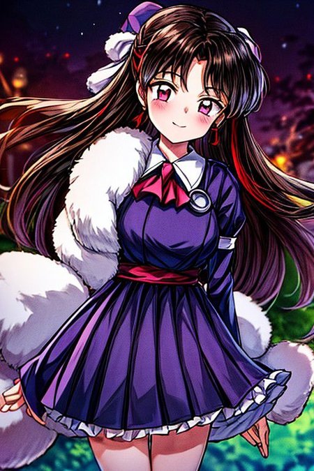 masterpiece,  best quality 1girl Setsun4 solo long hair,  (night time) forest background black hair very long hair purple eyes multicolored hair armor (fur trim) (medium body),<lora:EMS-179-EMS:0.800000>,<lora:EMS-293862-EMS:0.800000> bow, hair_bow, hair_tubes, red_bow, brown_hair, long_hair, bangs, sidelocks, ascot, brown_eyes, frilled_bow, yellow_ascot, blush, smile, hair_between_eyes, athletic