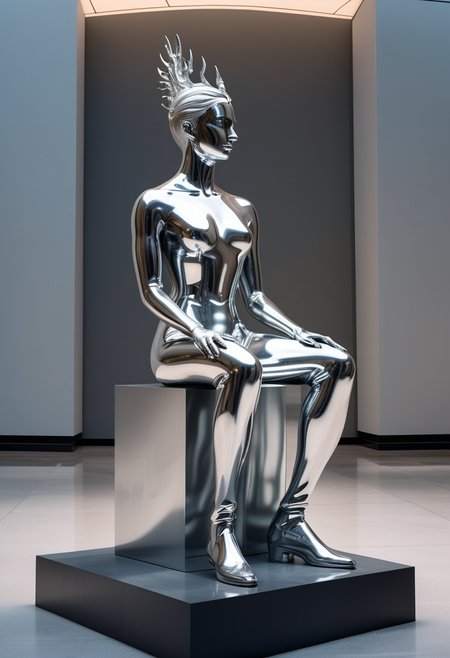 (medium full shot) of (regal silver statue) ,  ,   located in  a modern museum, with sleek design, contemporary exhibits, vibrant installations, serene galleries, chic seating areas, at dawn, ,Masterpiece,best quality, raw photo, realistic, very aesthetic