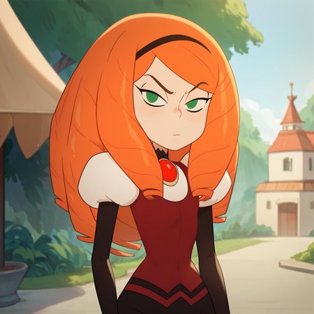 score_9, score_8_up, score_7_up, 1girl, Mina, orange hair, long hair, drill hair, hairband, green eyes, small breasts, narrow waist, wide hips, looking at viewer, highres, high quality, masterpiece, <lora:MinaDroners:1>