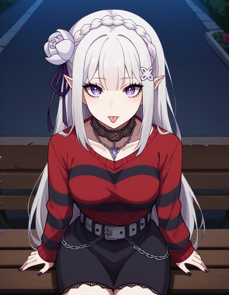 score_9, score_8_up, score_7_up, source_anime, <lora:rezero-emilia-s1s2-ponyxl-lora-nochekaiser:1>, emilia, braid, crown braid, flower, hair flower, hair ornament, hair ribbon, long hair, pointy ears, purple eyes, white hair, x hair ornament, medium breasts,, <lora:emo-fashion-ponyxl-lora-nochekaiser:1>, emo fashion, torn sweater, two-tone sweater, sweater under shirt, striped sweater, lace-trimmed choker, belt chain, red sweater, black sweater, goth fashion, street, night, moon, sitting, bench, from above, tongue out, cowboy shot, looking at viewer