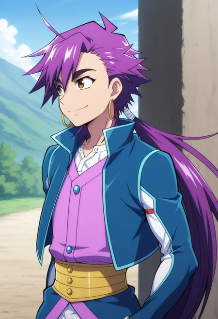 masterpiece,best quality,amazing quality, source_anime, 
Shindobaddo, 1boy, male focus, solo, brown eyes, purple hair, long hair, ponytail, hoop earrings, shirt, white shirt, jacket, blue jacket, open jacket, vest, purple vest, outdoor, smile,