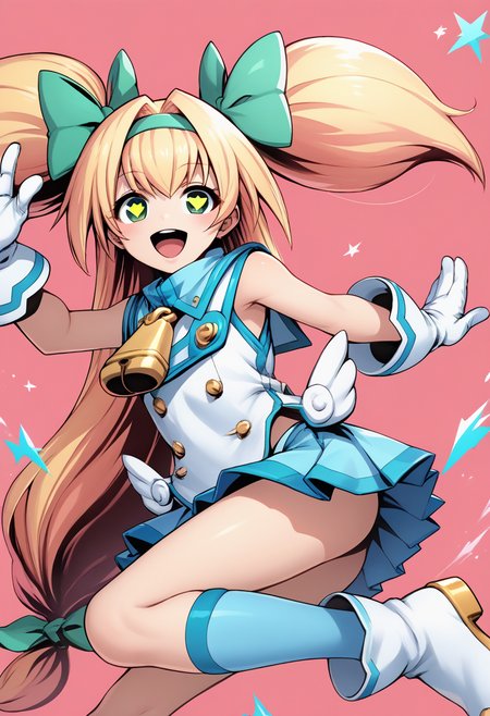 score_9, score_8_up, score_7_up, source_anime BREAK 1girl, solo, <lora:bb_platinum:1>, bb_platinum, 140cm taller, white shirt, blue sailor collar, neck bell, white gloves, bare shoulders, blue skirt, blonde hair, hair intakes, bangs, green hair bow, green hairband, long hair, low-tied long hair, quad tails, two side up, green eyes, heart-shaped pupils, looking at you, smile, open mouth, jumping, dynamic pose, pink background, prism, <lora:DynamicPose_alpha1.0_rank4_noxattn_100steps:1.7>