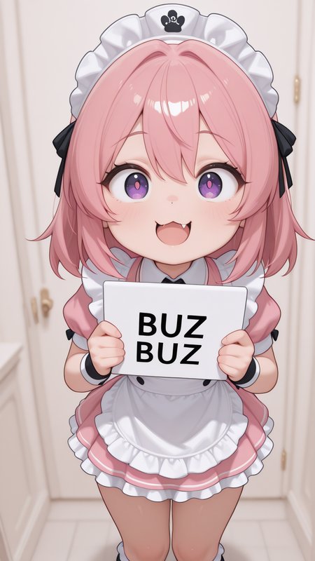 hyper-detailed, 8k uhd, in sea, , civchan, kawaii, pink hair, chibi fang, holding sign saying buzz