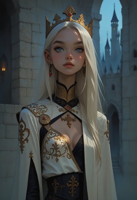 FFAnime Style, Score_9, Score_8, Score_7, 1girl,young princess, white hair, light blue eyes, portrait, ceremonial robe, white outfit with gold designs, castle interior  ,cleavage,expose one breast,nipple,smal body,petit
