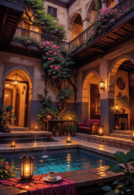 Evening in a Moroccan Courtyard
"At dusk, the lanterns flicker to life in a secluded Moroccan courtyard, casting intricate patterns against the tiled walls. A delicate porcelain teacup, still warm, rests on a low wooden table beside the bubbling fountain. The scent of blooming jasmine lingers in the air, mingling with the faintest trace of incense. Beyond the arched doorways, the corridors stretch into soft golden light, yet no footsteps break the hush of the evening. A distant melody drifts through the air—soft, haunting, and coming from nowhere."