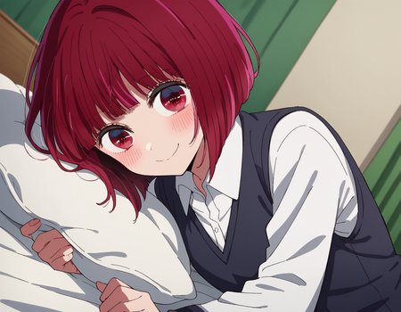score_9, score_8_up, score_7_up, source_anime,
kanaarima, <lora:kana-arima-s1-ponyxl-lora-nochekaiser:1>,
kana arima, short hair, bangs, red eyes, red hair, bob cut, smile,
long sleeves, school uniform, white shirt, collared shirt, vest, black vest,
indoors, bed, bed room, on side, blush, drunk,
looking at viewer, cowboy shot, dutch angle, solo,