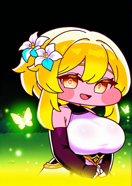<lora:Trickcal_REVIVE:1>,1girl, lumine (genshin impact), huge breasts, chibi, bare shoulders, black gloves, blonde hair, breasts, bug, butterfly, eyebrows hidden by hair, fingerless gloves, firefly, flower, gloves, hair between eyes, hair flower, hair ornament, looking at viewer, open mouth, short hair, smile, solo, upper body, yellow eyes,  very awa, masterpiece, best quality,highres, absurdes,amazing quality