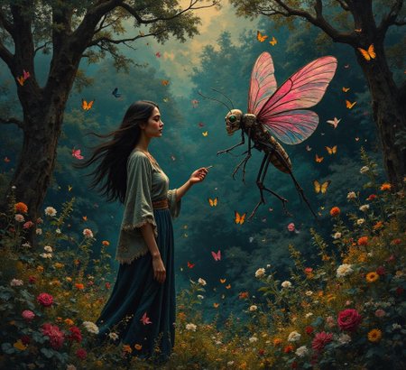 <lora:flux-collagestyle.safetensors:1> darkfantasycollagestyle
In the heart of a garden cloaked in twilight, a gentle breeze stirs the leaves, casting a mosaic of light and shadow that seems to dance on its own. The air is thick with the scent of blooming jasmine and the distant hum of insects, but beneath this serene facade, a sense of unease begins to creep in. The garden, a lush tapestry of soft pastel hues, is a place of beauty, yet it feels curiously trapped, as if the boundaries of the world are closing in.
At the center of this idyllic scene stands a figure, a woman in her late 30s, with long, dark hair that flows like a river of obsidian. Her tunic, embroidered with intricate patterns and fringed with threads of silver, rustles softly as she moves. Her eyes, large and dark, are fixed on a peculiar sight: a creature that seems to have emerged from the shadows itself.
The creature is insect-like, with a segmented, grayish-brown body that glistens with a faint, otherworldly sheen. Its translucent pink wings, delicate and iridescent, beat slowly, almost lazily, as if it’s savoring the moment. The creature’s head is skull-like, with large, luminous green eyes that seem to pierce through the twilight, watching, waiting. Around it, a flurry of colorful butterflies flutters, their wings a riot of vibrant hues that clash with the creature’s eerie presence.
The woman’s heartbeat quickens as she notices the shadows around her begin to move, writhing and twisting as if alive. The light shifts, casting long, distorted shapes that seem to follow her every step. The breeze picks up, carrying with it the whispers of a forgotten language, a sound that sends shivers down her spine.
In the distance, the garden’s perimeter is encroached by creeping vines, their tendrils snaking through the underbrush, drawing closer, as if drawn by some unseen force. The woman feels a sense of being watched, a creeping dread that tightens its grip with each passing moment. The garden, once a place of beauty, has transformed into a realm of hidden threats, where the lines between safety and danger blur, and the threat is always present, never fully revealed.