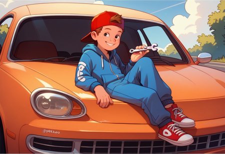 score_9, score_8, score_7, young, looking at viewer, perfect face, colorful, dramatic angle,  jumpsuit, wrench in hand, sitting on car, sneakers, car repair, smile, red hat, backwards hat, brown hair, freckles, 1boy, solo, full body.