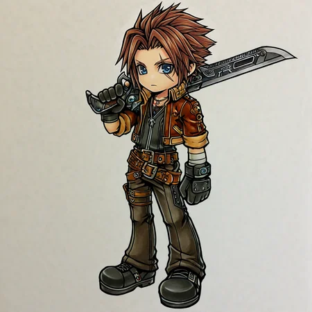 dissidiaopera, solo, 1boy, no nose,  male focus, gunblade, brown hair, gloves, blue eyes, sword, jewelry, jacket, necklace, belt, full body, scar, over shoulder, 2d, (chibi:0.4) <lora:GAME_STYLE_Dissidia_Final_Fantasy_Opera_Omnia:0.7>  , graphite \(medium\), traditional media, colored pencil \(medium\),, ,masterpiece, best quality, very awa,
