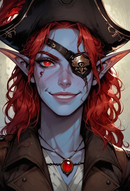 score_9, score_8_up, score_7_up, BREAK, 1woman portrait,  beautiful, dramatic lights ((Elf, rogue, thief, pirate, eyepatch, metal eyepatch, eyepatch with red jewel, blue skin, red hair, gree eyes, scars, scars on face, multiple scars, capitan hat, grin, smug, longe loose hair, sea background))
<lora:Fant5yP0ny:0.6> <lora:fantasy_world_pony:0.9>
<lora:Cherry-Gig:0.55>