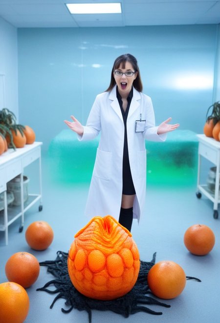 fchgr, blood orange style, xenoegg, view of a group of hatched xenoeggs, xenoeggs made of orange peel, horror theme, green light, space station interior, foggy ground, beautifully lit,
Female Doctor in lab coat with facehugger jumping at her