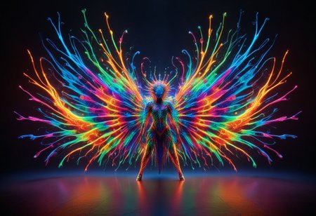 a full body fire entity with multicolored flames, professional photography of an fantastical warrior princess entirely made of cyberflies with whimsical elements, swirling magic, eerie fairytale landscape, elaborate fantasy style art, very colorful, intricate details, ultra sharp, exquisite detail, flawless composition, vivid colors, masterpiece, exciting background, TAS, TASvisuals, Psychedelic , Rave, Elaborate , Blacklight , Vibrant , cyberflies, black light paint, blp, Colorful Chaos Cracks and Drops, mad-glowtiedye, made out of,colorful,liquid,Murano Art Glass