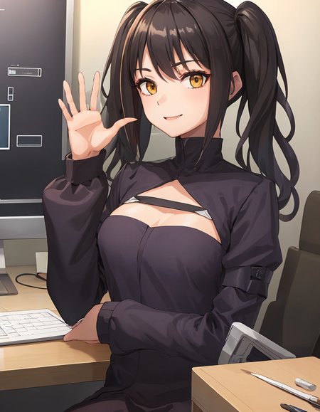 (extremely detailed CG unity 8k wallpaper),(masterpiece), (best quality), (ultra-detailed), (best illustration),(best shadow), (sharp eyeliner, eyeshadow, detailed eyes:1.2), office
BREAK
(scarecrowsangvismaskless:1.2), smiling, waving
<lora:ScarecrowSangvis:1>