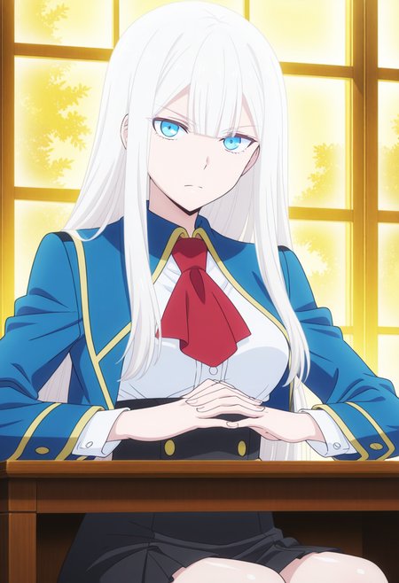 <lora:Elena_Kimberlight:1>, Elena Kimberlight, 1girl, solo, long hair, straight hair, sidelocks, white hair, blunt bangs, hair between eyes, blue eyes, medium breasts, school uniform, white collared shirt, red ascot necktie, blue jacket, black skirt, high-waist skirt, sitting at desk, hands together on desk, looking at viewer, serious
BREAK
inside, office, window, frontal angle
BREAK
anime screencap, anime coloring, anime colored background, detailed background, detailed face, shiny skin, shiny hair, absurdes, highres, dynamic pose, masterpiece, best quality, official art, cel shaded, graphic illustration, digital painting, CGI, very detailed, amazing quality, intricate details, dynamic pose, HDR, UHD, 8K, Fineline illustration, Highly detailed, ultra-fine painting, sharp focus, Professional, Vivid Colors <lora:add-detail-xl:1> <lora:DetailedEyes_V3:1> <lora:hand 5.5:1>