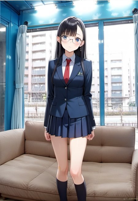 score_9, score_8_up, score_7_up, rating_safe, masterpiece, best quality, absurdres, unity 8k wallpaper, official art, official style, source_anime, uncensored, game cg, megami magazine,
1girl, solo, glasses, black hair, long hair, blue eyes, collared shirt, red necktie, pleated skirt, blue skirt, looking at viewer, blush, 
mmgo, window, scenery, indoors, curtains, couch, tree, building, day, cityscape, city
 <lora:mmgo_PONY_V1-000100:0.8>