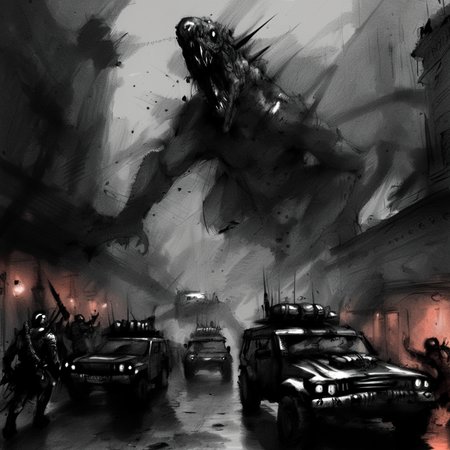 drawix8 invasion of the oppressors, vehicles flying down the big city, dark atmosphere, terror, expressive <lora:drawix8:1>