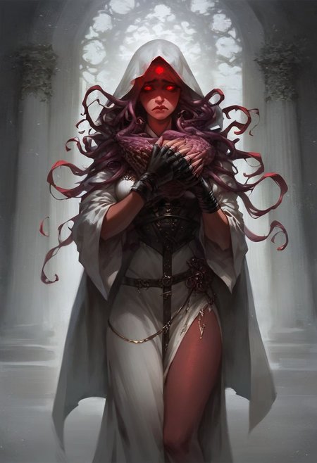 score_9, score_8_up, score_7_up, 1girl, dnd healer cleric hiding eldritch secret, tight white ornate healer robes, white cloak, thigh windows, cosmic black parasitic eldritch tendrils covered in sharp (teeth) and red glowing eyes peek slightly out of her sleeves her hood and gaps in her robes, very short black pixie hair cut, priestess, beautiful face, ashamed shocked gentle expression, shy, drapery, (in white cathedral with other figures in background:1.2), sensual, sad, mysterious, toga, hood partially covers her eyes which peek out from underneath, piercing glowing cosmic eyes barely peak out from eye covers, attempting to conceal eldritch corruption, elegant white tabard, white cloth drapes from neck to between loins, concealing her eldritch secret, (long thick ornate oversized white draping sleeves with eldritch tendrils slightly emerging from, white fingerless gloves:1.3), white strapped thigh high leggings, white boots, divine corrupted eldritch angelic priestess, stunning beautiful face, sad beauty, (holding her hood down tightly with her hand to try to hide her face and her corruption:1.5), belts attempting to constrain tendrils under her robes burst free, hood down, face mostly covered but eyes peek through, dynamic movement, silken white coat, holding onto her hood, <lora:Concept Art DarkSide Style LoRA_Pony XL v6:0.8> concept art,   <lora:GwentStyle_v2:0.6> gwentstyle   <lora:Expressive_H-000001:0.8> expressiveh