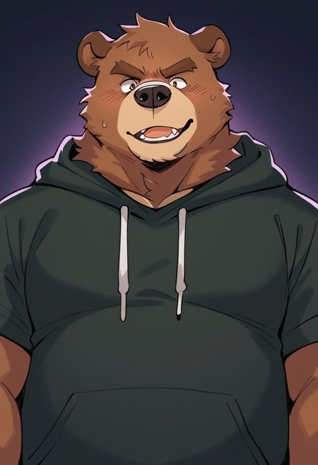 hoggan,furry,anthro,male,bear,brown fur, hooded garment,dark background BREAK score_9_up,score_8_up,score_7_up,score_6_up,score_5_up,score_4_up,normal quality,