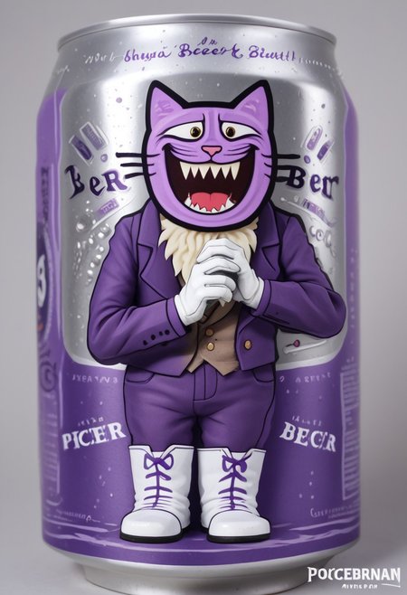 beerlabel, purple beer can, PocketCat, smile, sharp teeth, purple blazer, trousers, white boots, white gloves, solo