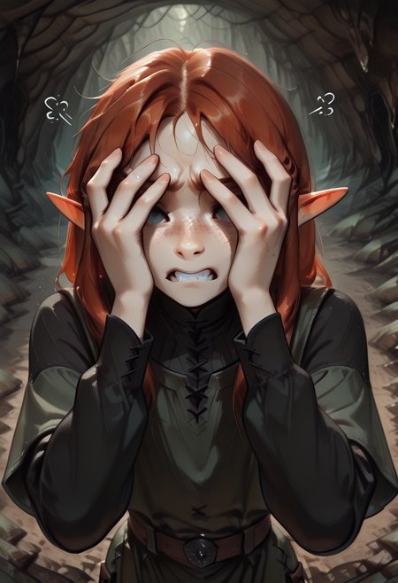 1person, solo, Lapanya, Malgha, freckles, pointy ears, Long-sleeve black shirt, green tunic,
Close up, head bowed, hands over eyes, gritted teeth, frustrated,
Underground, organic cavern,
Masterpiece, high quality, highly detailed, perfect eyes,