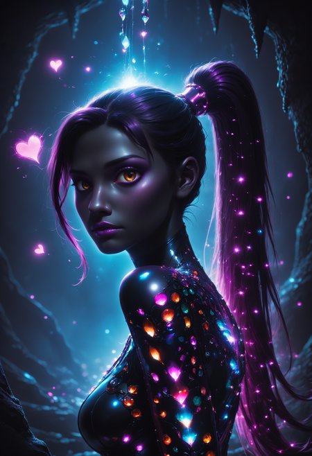 score_9,score_8_up,score_7_up, sorce_real, 8k, hd, (1 girl, brown eyes, high ponytail, bioluminescent latex suit, seij, <lora:Seij-000001:1>), cute and mischievous, black suit, purple details, neon colored glowing particles in the black skin, black skin with neon pink bioluminescence, cinematic light, looking at viewer, dark, night, mysterious atmosphere, floating hearts, beautiful  creatures, flies through a dark stalactite cave at night, bioluminescent icicles on the walls, everything is shrouded in darkness.  <lora:SDXLFaeTastic2400:0.3>, cave by Jed-Cosmos  <lora:Jed-Cosmos-sdxl:0.3>  <lora:ral-swarcrystl-sdxl:0.7> multicolored gemstones made of ral-swarcrystl, black gloves with glowing jewels, side view