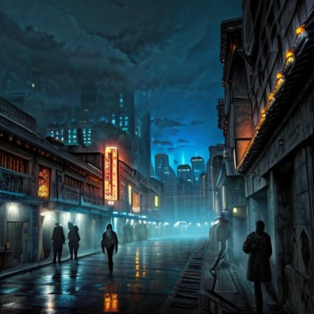 RAW photo, (masterpiece:1.3), subsurface scattering, heavy shadow, (high quality:1.4), (intricate, high detail:1.2), professional photography, HDR, High Dynamic Range, realistic, ultra realistic, photorealistic, high resolution, ambient lighting, atmospheric effects, fog, OverallDetail, alley, building, city, hood, lamppost, multiple boys, multiple girls, neon lights, night, nightcity, outdoors, people, road, scenery, science fiction, sign, sky, skyscraper, solo, street, sunset, weapon, epiCPhoto