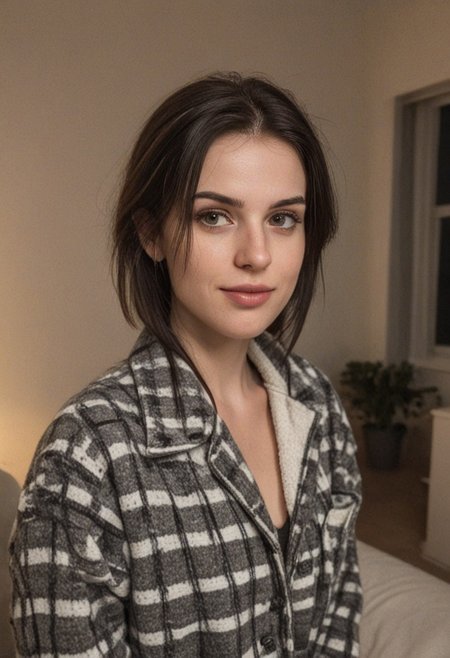 30yo woman wearing Plaid Polar Fleece Shacket with white textures 
long black dark hair slick back and smooth. Kissface. 
smile. Looking at camera. POV.
happy. 
Living room. Fully furnished.
Night time.
Portrait.
