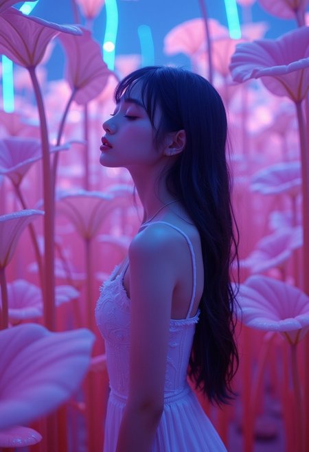 This is a digital artwork rendered in a hyper-realistic, photorealistic style. The image features a young Asian woman standing in a fantastical, neon-lit environment filled with large, ethereal plants. The woman, likely in her early twenties, has long, dark hair cascading down her back and bangs framing her face. She has a slender physique and fair skin. Her eyes are closed, and her expression is contemplative, with a serene, almost ethereal quality.