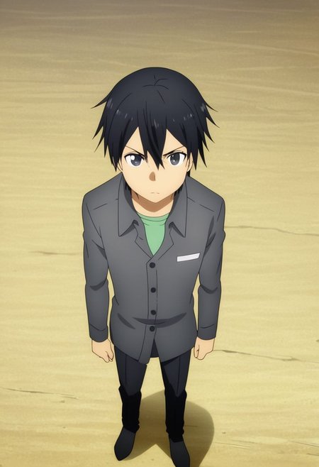 high resolution, professional photography, solo, best quality, 1Boy, Kazuto Kirigaya, Black Hair, Black Eyes, standing, straight facing upwards, casual, seen from above, arrogant face, dominant, intimidate, OverallDetail