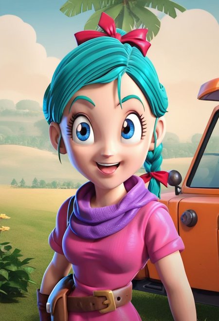 score_9, score_8_up, score_7_up, anime screencap, 
 bulma \(dragonball\) 3d render, in clsh artstyle, 1girl, solo, smile, open mouth, blue eyes, gloves, ribbon, aqua hair, braided ponytail, hair ribbon, braid, :d, outdoors, sky, day, belt, character name, tree, single braid, bird, clothes writing, brown gloves, pouch, mountain, purple scarf, fanny pack, 1990s \(style\), arm at side, dragon radar, pink dress, forest, holding, looking at another, looking to the side, motor vehicle, pink dress, short sleeves, single glove, standing, upper body, tongue, raised eyebrows, eyebrows, eyelashes, OverallDetail