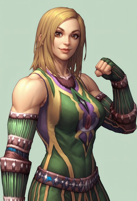 score_9, score_8_up, score_7_up, score_6_up, score_5_up, score_4_up, 1girl, <lora:KerriHicks:0.75>  solo, breasts, blonde hair, brown eyes, lips, pants, gloves, elbow gloves, fingerless gloves, bare shoulders, upper body, standing, muscular, muscular female, flexing, smile, looking at viewer, 
(light blue background), simple background,
