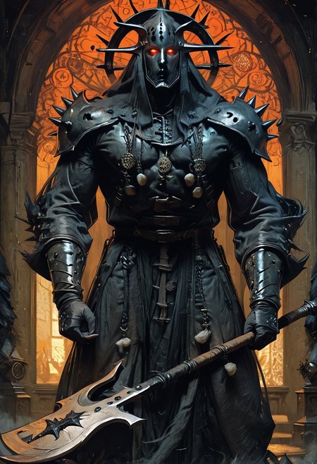 ((score_9, score_8_up, score_7_up)),  1man, face focus,red glowing eyes trough iron spike medieval, muscular, facing viewer, taarakian, high fantasy, heavy metal, , red and black barbarian outfit, axe , dynamic pose, detailed background, masterpiece, HMstyle, ghotic church in background, executioner big axe