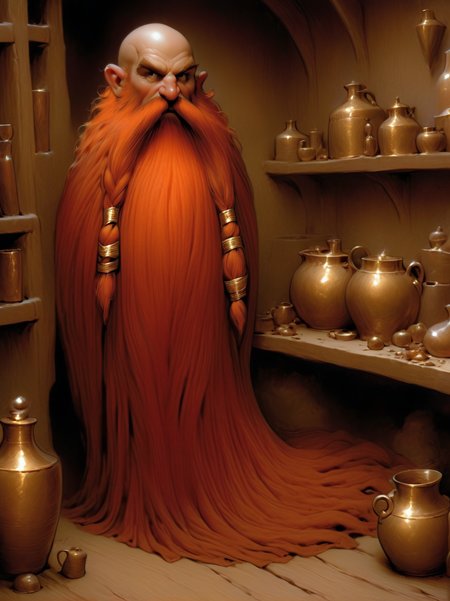 Harry_Dwarf, full body,  dwarf-like character,  flowing long red beard, long moustache,bald, gold bangles, <lora:Harry_Dwarf:1>, <lora:add-detail-xl:0.8>, inside vardo wagon, (looking at the viewer:0.7),  (potions and alchemical ingredients on the shelf in background:1.1), drapes, (film grain)
