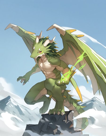 1boy, solo, dragon, anthro, midgardsormr, athletic male, action pose, (wind), magic user, holding magic, 5 fingers, 4 toes, looking at viewer, red eyes, facial markings, wings, tail, mountain, detailed face, detailed eyes, [[nekowuwu, nude]], (masterpiece, best quality, very aesthetic, amazing quality), absurdres, highres
