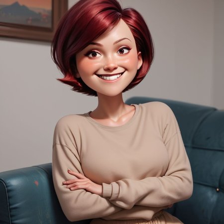 score_9, score_8_up, score_7_up, score_6_up, score_5_up, score_4_up, rating_questionable, 1girl, Hel_en, on a couch, small smile, short hair, dark red hair, big hips, 1970