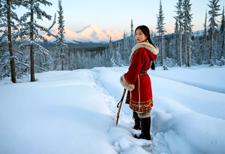 Stable_Yogis_PDXL_Positives, ziprealism, A professional photography in Steve McCurry stvmccrr style, rich colors, cultural portrait, Siberian-Asian, In the Siberian wilderness, where the mountains loom in the distance and the land is covered in a blanket of thick snow, a young female hunter stands amidst a dense forest of snow-covered pines. The cold light of dawn seeps through the trees, illuminating the frost on their needles and casting soft, elongated shadows across the ground., Standing in the midst of a thick Siberian forest, the young female hunter's proud stance radiates strength and resilience. Her traditional woolen tunic, adorned with intricate embroidery, fits snugly over her athletic frame. The fur-trimmed cloak draped over her shoulders and high-waisted woolen stockings in muted tones add both style and practicality. Tucked into fur-lined boots, her figure epitomizes the timeless beauty and cultural allure of Siberia's untamed wilderness., Her frost-kissed skin, warm bronze against the pale, snow-draped wilderness, radiates an undeniable strength. Thick, red and curly is intricately braided into multiple tight knots, adorned with delicate beads and fur, a perfect reflection of her resilience and femininity. She stands as a striking symbol of Siberia, her figure blending seamlessly with the wild beauty of her surroundings., With a strong, confident posture, she prepares for her journey through the rugged Siberian wilderness. A leather belt secures small pouches and tools essential for survival, allowing her to navigate the harsh environment with both grace and practicality. The intricate design of her attire speaks of generations of knowledge and skill., The scene offers a sweeping view of the Siberian forest, with snow-covered trees stretching far into the distance. The cold air feels tangible, and the untouched snow and ice create a perfect reflection of the untamed wilderness surrounding her., The style and technique of the portrait resemble the mastery of Ivan Kramskoiâs precision and realism, while the harmonious blending of nature and human resilience is reflected in the atmospheric landscapes of Isaak Levitan. The intricate embroidery and functional beauty of the attire recall the rich traditions of Konstantin Makovskyâs work., <lora:add-detail-xl:1.0><lora:Consistency Corrector XL:0.4><lora:stvmccrr:1>âââ