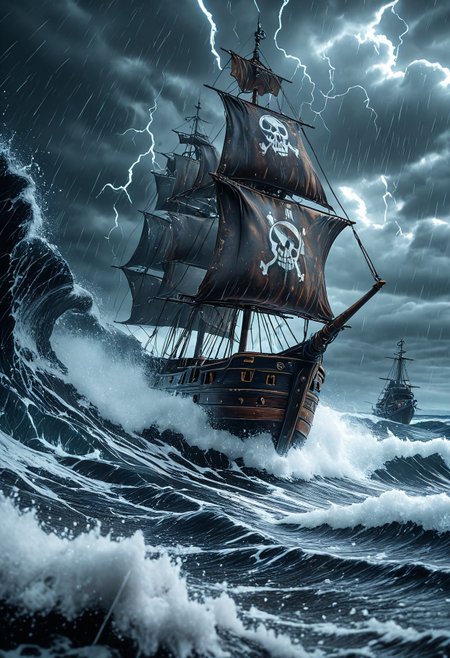SmoothNoob_Quality, pirate ship, thunder, storm, storm clouds, dark clouds, rain, waves, giant waves, ocean, <lora:Smooth_Booster:0.5>​​​
