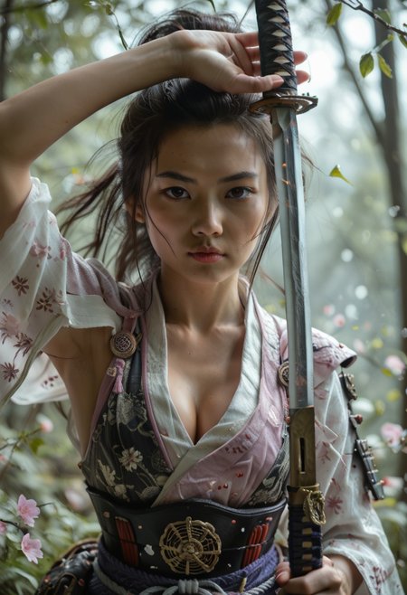 score_9, score_8_up, score_7_up, score_6_up, score_5_up, score_4_up, zPDXL3, zPDXLrl, beautiful cute samurai girl with sleek black hair, bandana, Asian, Japanese, oriental, cute face, intricate, ponytail, close up, <lora:PerfectEyesXL:0.85>, perfecteyes, brown eyes, disciplined, highly detailed, katana sword, arm up unsheathing sword, sword gleaming in the sunlight, lens flare, samurai detailed armour, Japanese style, small breasts, (cleavage), feudal Japan, sashimono, shogun, honourable, ((cherry blossoms:0.4)), perfect blossom, windswept, masterpiece, sunrise lighting, finely detailed focused eyes, HDR, 4k, hyper-realistic, high definition, realistic skin, skin pores, detailed skin, deep skin, ((portrait photography:1.1)), close up photography, <lora:zy_Realism_Enhancer_v1:0.6>