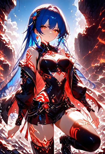 score_9, score_8_up, score_7_up, (best quality, highres:1.1), masterpiece, best quality, high quality, highres, masterpiece, high detailed, masterpiece, 1-Girl, long Blue hair, Red eyes, Tattered cloak, light military gear, (torn clothes), Destroyed landscape, emotionless expression, Fierce black thigh-highs, black leather boots, glowing eyes, red glowing tattoo lines, medium breasts, thin waist, looking at user, perfect hands, Expressiveh, handfixer