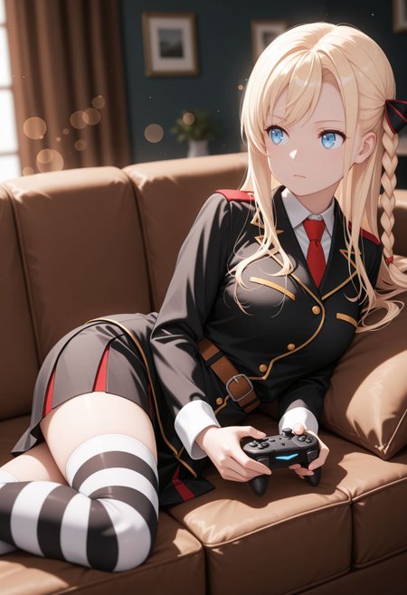 masterpiece,best quality,absurdres,highres,very aesthetic,high quality,detailed,insanely detailed,beautiful,perfect lighting, ,depth of field,blurry background,bokeh, looking at viewer,
 <lora:Wilhema  illu:1> 1girl, blonde hair, long hair, blue eyes, single braid, military uniform, red necktie, belt, black skirt, shirt, black jacket, striped clothes, striped thighhighs
holding controller, sofa, lying, on side, looking to the side, looking afar,