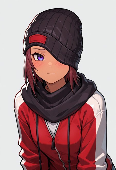 masterpiece, best quality, 32k, high resolution, absurdres, may zedong, 1girl, beanie, solo, one eye covered, jacket, blush