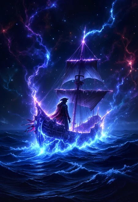 Fluorescent, glow, a lone pirate stands at the helm of a glowing, spectral ship as it sails through a swirling, opalescent sea of stars. His face is shadowed under a tattered hat, but his eyes gleam with a strange, otherworldly light, as he steers the ship through the endless cosmic waves. The ship itself is translucent, made of glowing energy, and it leaves a trail of stardust in its wake. Above, nebulae in vibrant, fluorescent hues pulse softly, casting the scene in radiant light. The pirateâs coat flutters in the cosmic wind, shimmering with subtle iridescence. The textures of the glowing ship, the swirling stars, and the radiant nebulae create an epic, surreal journey across the stars.<lora:DnDDarkestFantasy:0.5><lora:FluxMythP0rtr4itStyle:0.75><lora:Dever_Flux_Enhancer:0.5><lora:Aura_Flux-000010:0.6>