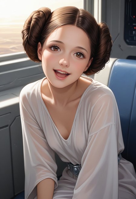 score_9, score_8_up, score_7_up, source_anime,high quality, highly detailed, flat illustration, rim lighting,
masterpiece, realistic, best quality, highly detailed, 
 1girl, (very aesthetic:1), (close-up:1.3),
princessleia, 1girl, solo, brown hair, hair buns, brown eyes,
sitting in a captains chair in a spaceship,
head tilt, loose dress, leaning forward , (small breasts:1.0), (hanging breasts:1.0), chatty, open mouth, talking, laughing, from side, from above